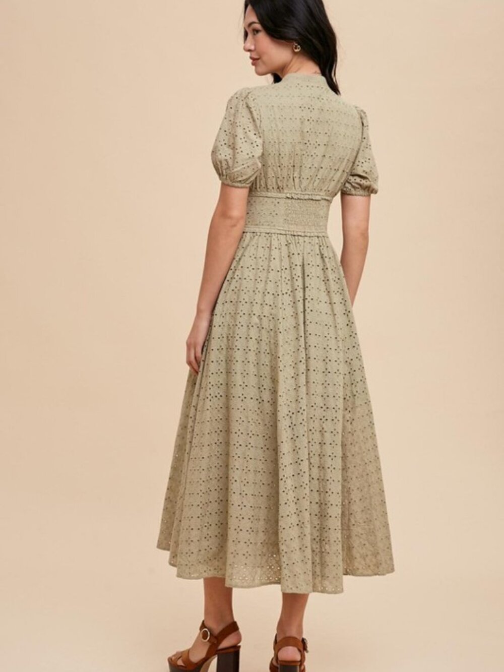 Cotton Eyelet Button Down Dress Olive Green - Picture 5 of 17